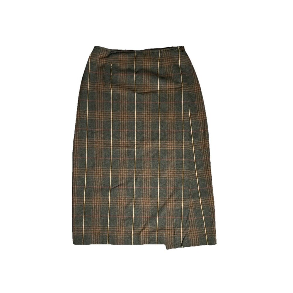 VTG Limited America Women's Green Brown Plaid Wool Blend MIDI Skirt Size 6 Italy